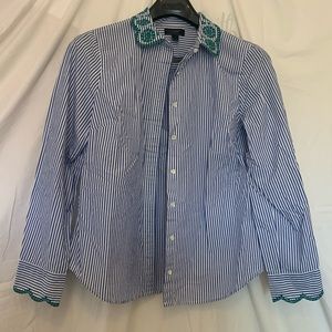Blue and white stripe J. Crew button up blouse. Size 10